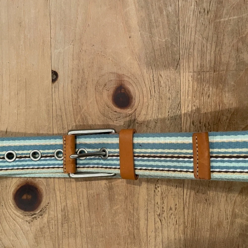 Eddie Bauer Leather Multicolored Canvas Striped Belt Unisex Preppy Business  XL